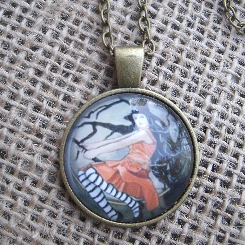 Witch on Broomstick Glass Cabochon Pendant Necklace